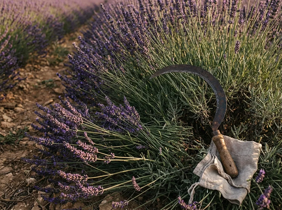 Rows of true lavender in full flower on a high field with the spikes at cutting stage