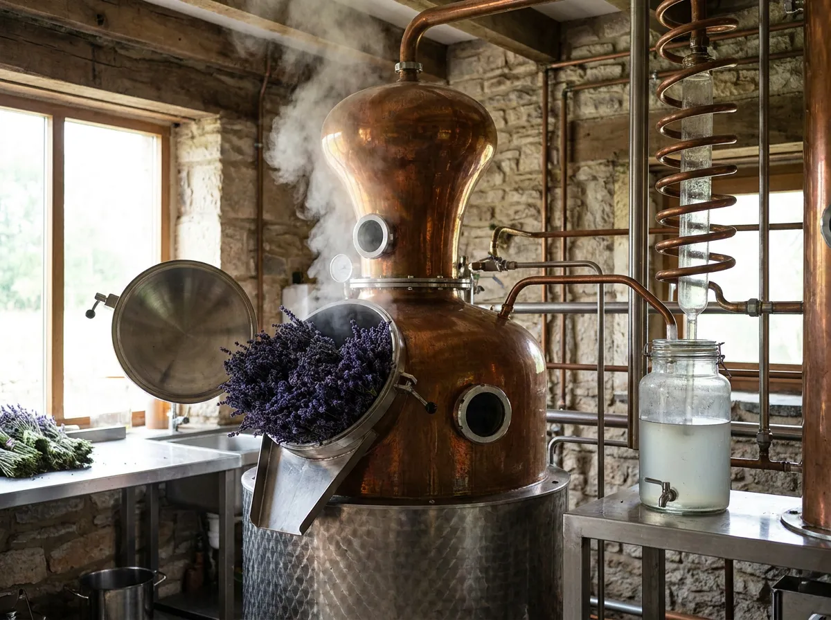 Freshly cut lavender packed into a still with steam rising in a small distillery